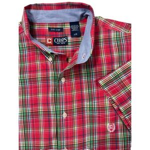 Chaps Shirt‎ Mens Sz L Easy Care Pink Plaid Short Sleeve Embroidered Button Down